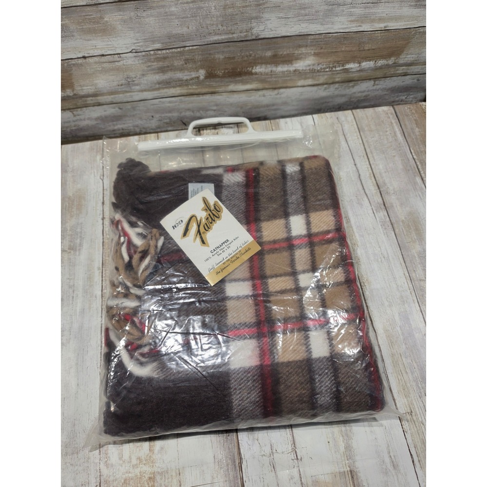 Vintage Faribo Catnapper Fringed Blanket Plaid Brown Tan 45x50